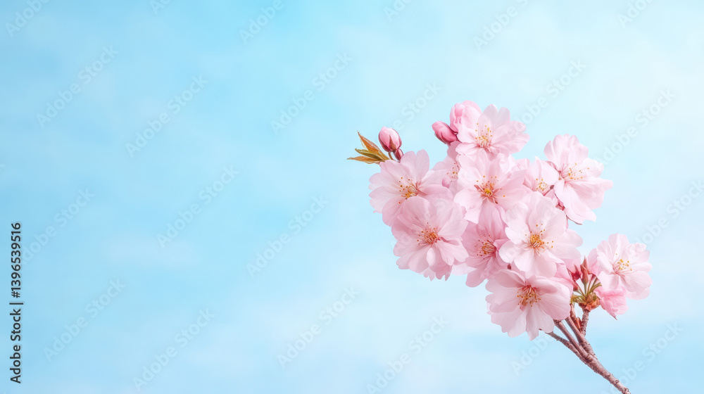 Delicate cherry blossoms bloom against soft blue sky, creating serene atmosphere Delicate cherry blossoms bloom against soft blue sky, creating serene atmosphere