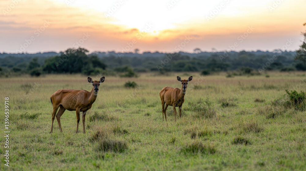 Naklejka premium Early morning wildlife grazing in glowing savannah landscape. serene atmosphere captivates