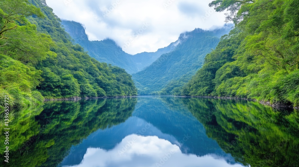 Serene mountain lake reflecting lush greenery Serene mountain lake reflecting lush greenery
