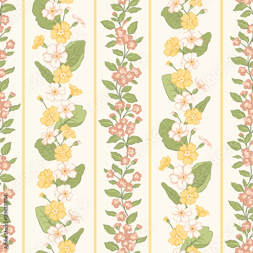 Delicate vintage spring primrose and trailing ditsy pink flowers vector seamless pattern with vertical floral stripes. Nostalgic cottage botanical print for country core spring garden textiles
