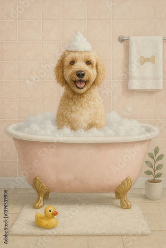 Cute happy labradoodle dog sitting in a bubble bath. Dog bathing funny illustration. Bathroom picture.