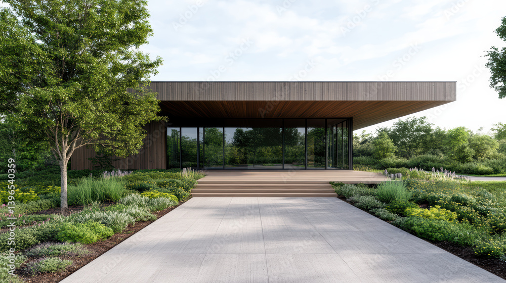 Modern architectural design features sleek facade with large windows, surrounded by lush Modern architectural design features sleek facade with large windows, surrounded by lush
