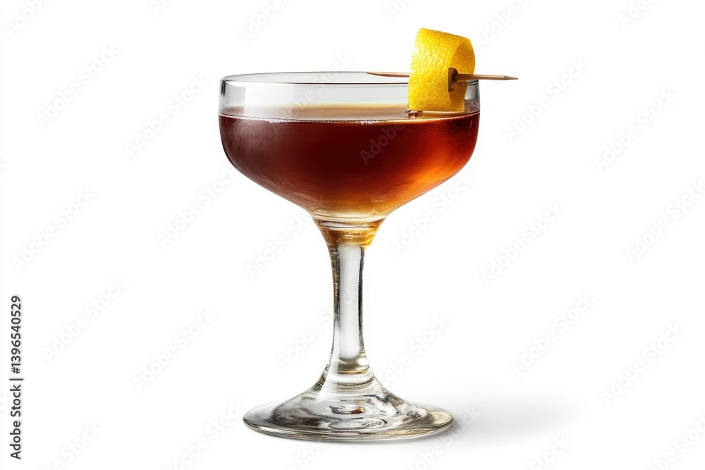Craft Cocktail on Stem Glass with Lemon Twist Garnish on White Craft Cocktail on Stem Glass with Lemon Twist Garnish on White