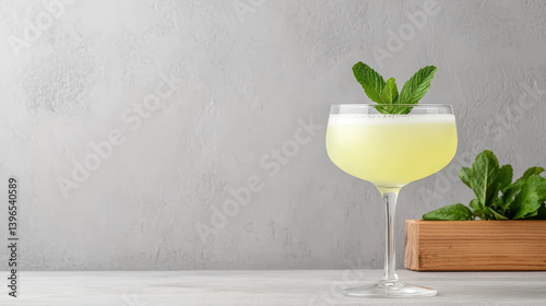 Refreshing elderflower drink in stemmed glass garnished with mint leaves