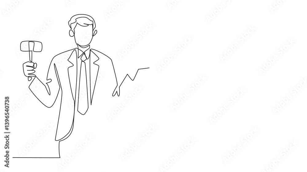 Animated self drawing of continuous one line drawing young male auctioneer in suit and tie holding miniature house and wooden hammer. National Auctioneers Day. Full length single line animation Animated self drawing of continuous one line drawing young male auctioneer in suit and tie holding miniature house and wooden hammer. National Auctioneers Day. Full length single line animation