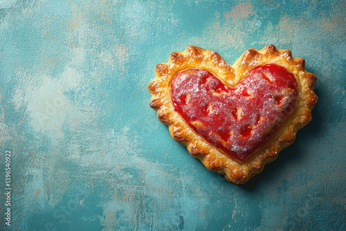 Heart-shaped tara pie on blue background.