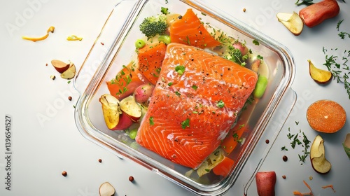Salmon with colorful vegetables, prepared for cooking in a glass baking dish, placed on light surface.