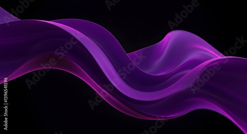 A dynamic abstract design features flowing purple fabric-like shapes against a dark background, creating a sense of movement and elegance.