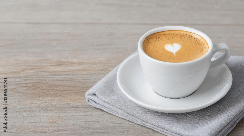 Obraz premium beautiful cup of coffee with heart design on top, resting on soft napkin