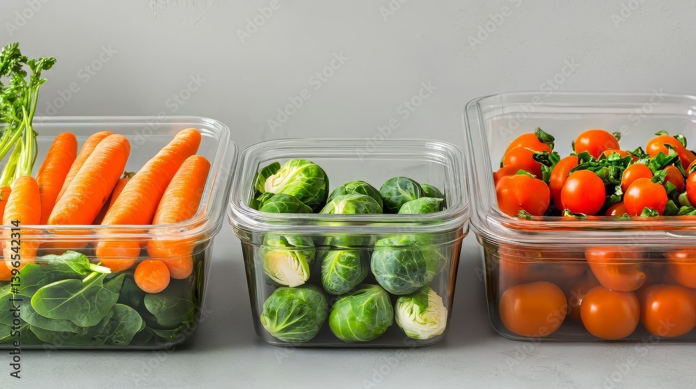 Organized produce: Carrots, sprouts, and tomatoes in clear containers for fresh food storage solutions.