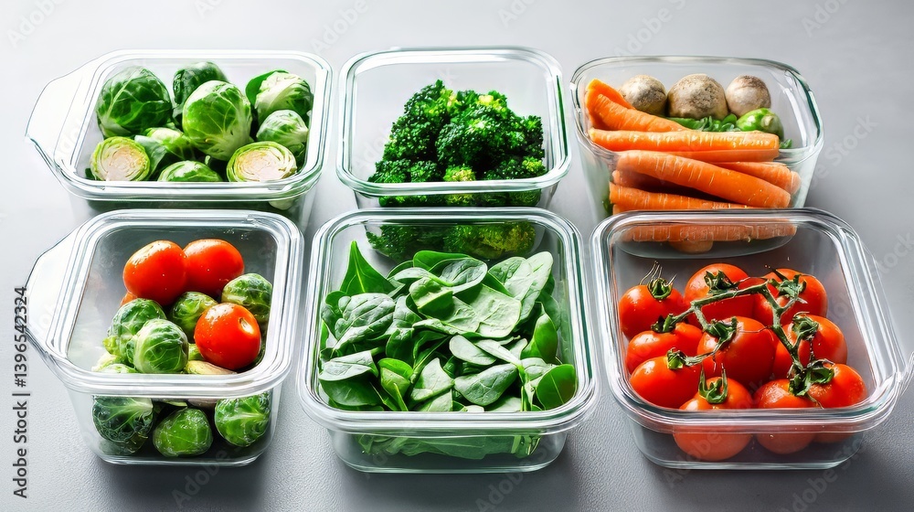 Assorted vegetables in clear glass containers for organized and fresh food storage and meal preparation.