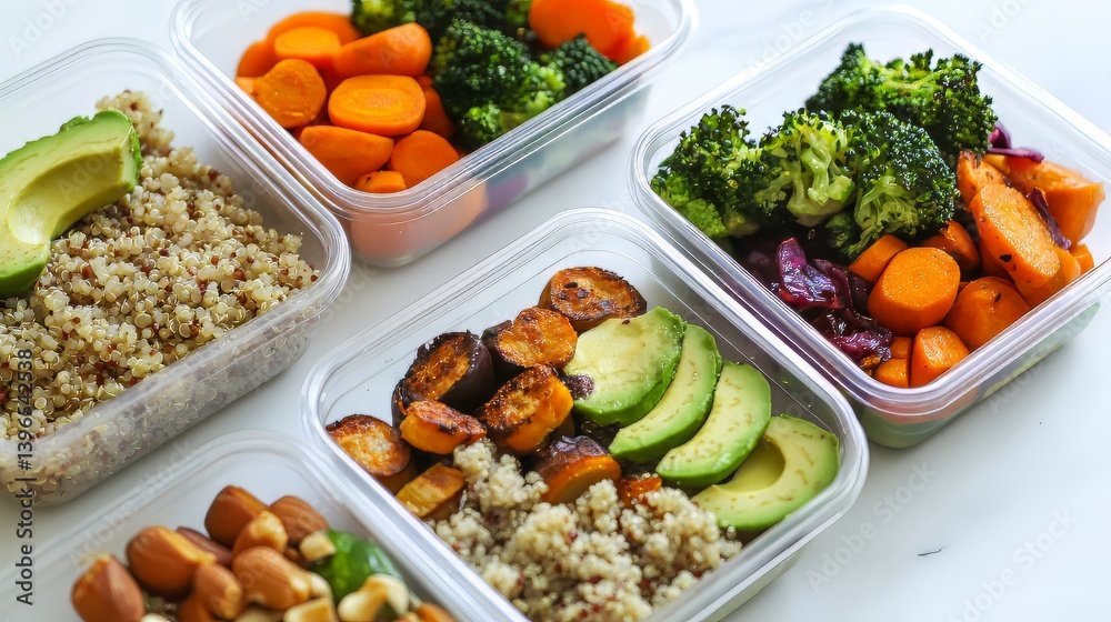 Healthy meal prep containers with quinoa, vegetables, avocado, and nuts for balanced nutrition.