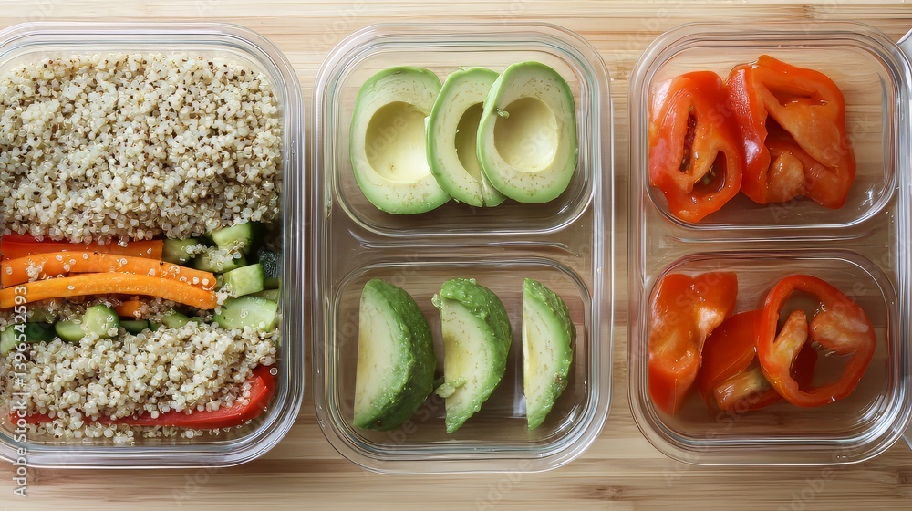 Healthy meal prep containers: quinoa, avocado slices, bell pepper pieces for balanced nutrition.