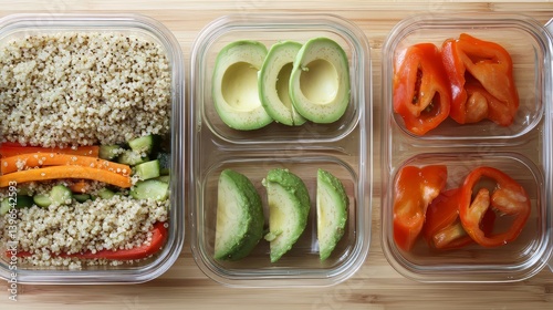 Obraz na płótnie Healthy meal prep containers: quinoa, avocado slices, bell pepper pieces for balanced nutrition. w salonie