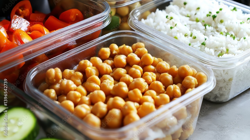 Prepped meals in containers featuring chickpeas, rice, tomatoes, and cucumbers for a healthy diet.