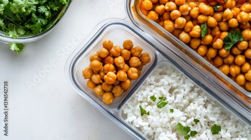 Obraz na płótnie Prepared chickpea and rice lunch in glass containers, with fresh herbs on a white surface. w salonie