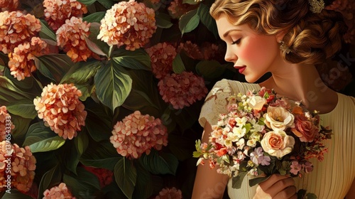 Woman with flowers stands near a hydrangea bush in a garden setting.