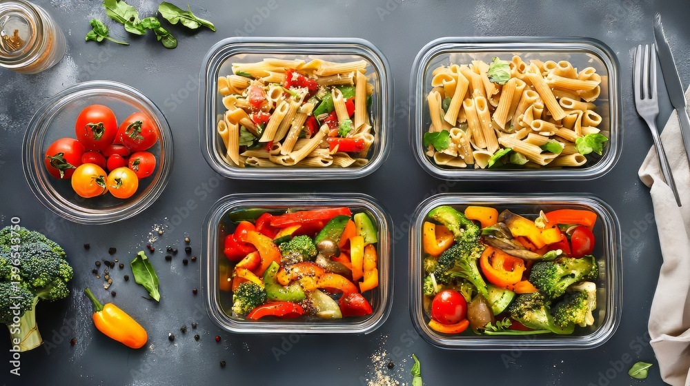 Prepared healthy meals in glass containers: pasta and roasted vegetables for lunch. Clean eating concept.