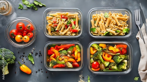 Obraz na płótnie Prepared healthy meals in glass containers: pasta and roasted vegetables for lunch. Clean eating concept. w salonie