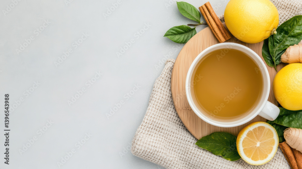 Warm tea with lemon and spices on wooden board creates cozy atmosphere