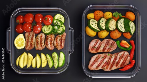 Grilled meats and vegetables arranged in two trays for a colorful, healthy and delicious meal.