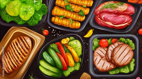Healthy meal preps featuring protein, vegetables and greens arranged in portioned containers.