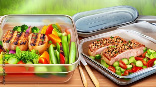 Prepared meals in glass containers display healthy eating with grilled meat and fresh colorful vegetables.