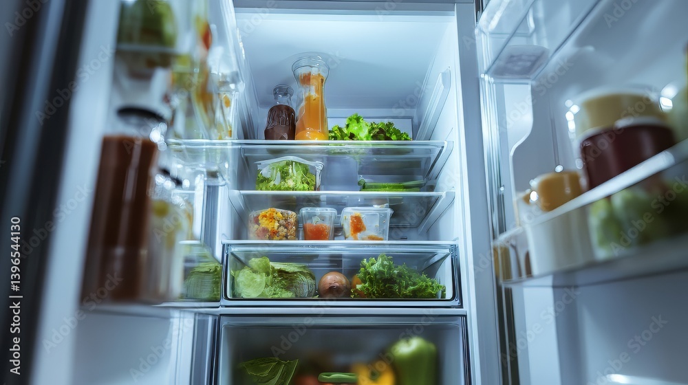 Refrigerator brimming with fresh produce, beverages, and leftovers. A balanced diet and healthy choices.