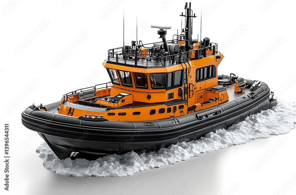 Fototapeta premium Modern Orange Tugboat Isolated On White Background Water Transportation Marine Vessel