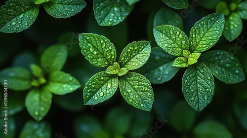 Fresh Mint Leaves with Droplets, Perfect for Culinary and Wellness Concepts