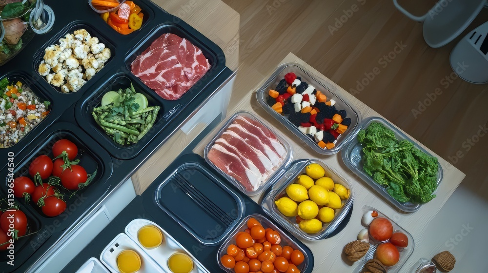 Assortment of fresh ingredients: raw meat, vegetables, tomatoes, salad, lemons in trays and containers.