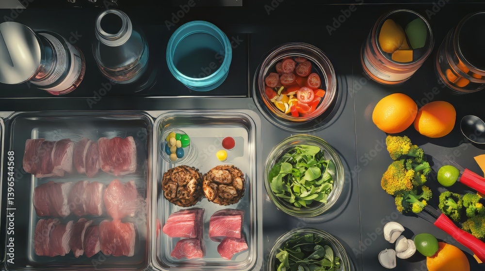 Overhead shot of a diverse arrangement of fresh food items and kitchen containers on a gray surface.