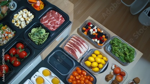Obraz na płótnie Assortment of fresh ingredients: raw meat, vegetables, tomatoes, salad, lemons in trays and containers. w salonie
