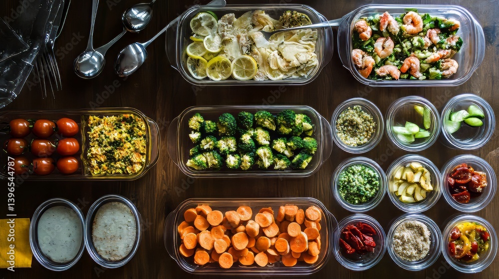Healthy meals prepared in glass containers on a wooden table ready for the work week.