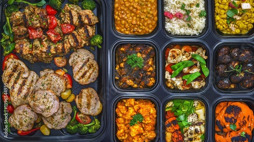 Obraz na płótnie Variety of prepared meals in plastic containers, ideal for meal planning or catering, presented overhead. w salonie