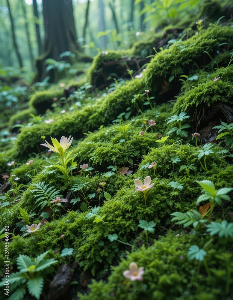A lush, moss-covered forest floor teems with life, featuring delicate, vibrant wildflowers peeking through the soft green carpet, creating a serene and enchanting woodland scene. A lush, moss-covered forest floor teems with life, featuring delicate, vibrant wildflowers peeking through the soft green carpet, creating a serene and enchanting woodland scene.
