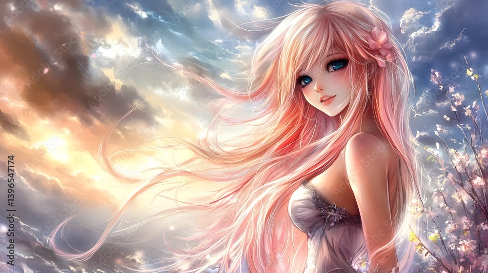 Captivating Portrait of a Girl with Flowing Hair in Anime Style Captivating Portrait of a Girl with Flowing Hair in Anime Style