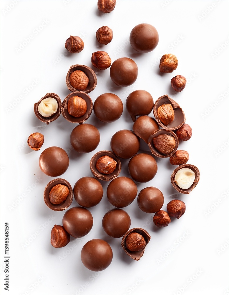Obraz premium Chocolate balls and half with hazelnut isolated on white, top view. Generated image