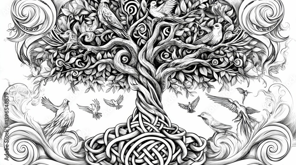 Intricate black and white drawing of a tree with birds and swirling patterns. Intricate black and white drawing of a tree with birds and swirling patterns.