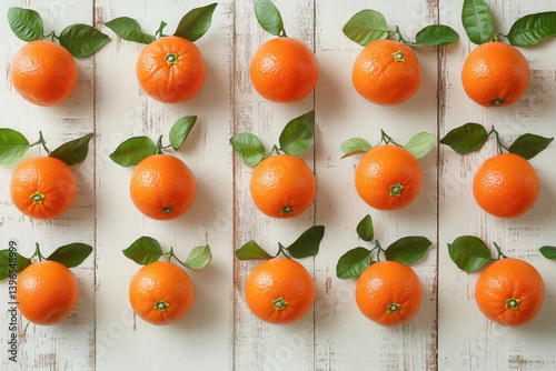 Oranges with leaves on white wood.
