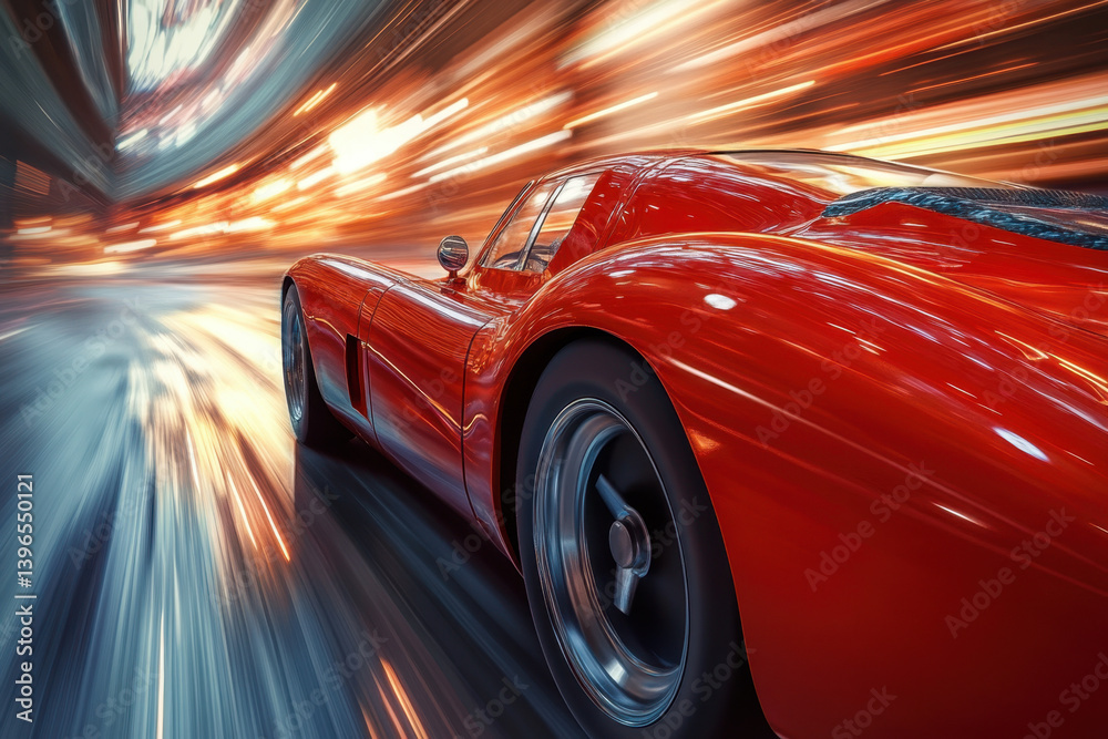 Red sports car speeds through tunnel, lights streaking. Red sports car speeds through tunnel, lights streaking.