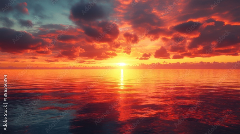 Obraz premium A breathtaking sunset over calm waters, with vibrant colors reflecting on the surface and dramatic clouds adding depth to the serene scene.
