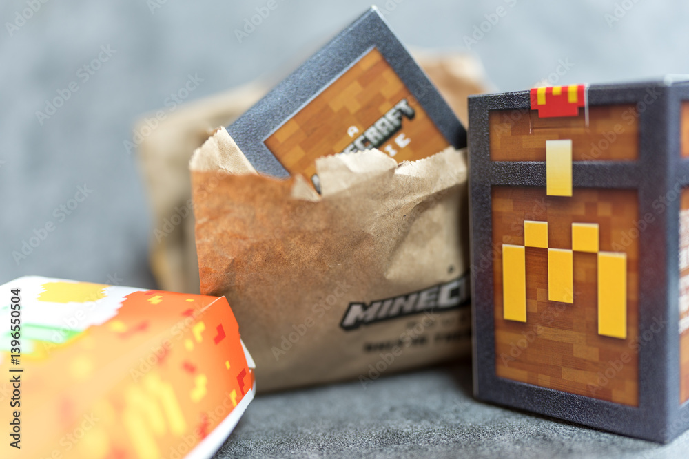 Fototapeta premium Bangkok, Thailand - April 10, 2025 : Box form McDonald’s Minecraft collectibles. Minecraft toy random box.