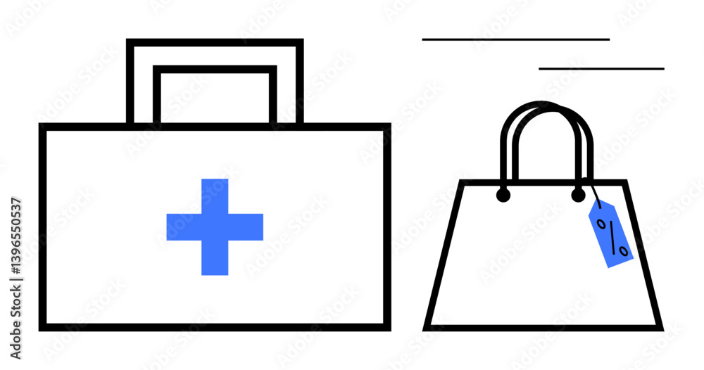 Fototapeta premium Medical first aid kit with blue cross beside a shopping bag with blue price tag. Ideal for healthcare, retail, consumer behavior, commerce, emergency, comparison, lifestyle. Simple abstract line flat