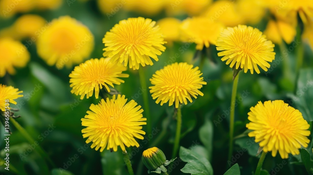 Dandelion Flowers Blooming in Springtime Meadow with Bright Yellow Petals Dandelion Flowers Blooming in Springtime Meadow with Bright Yellow Petals
