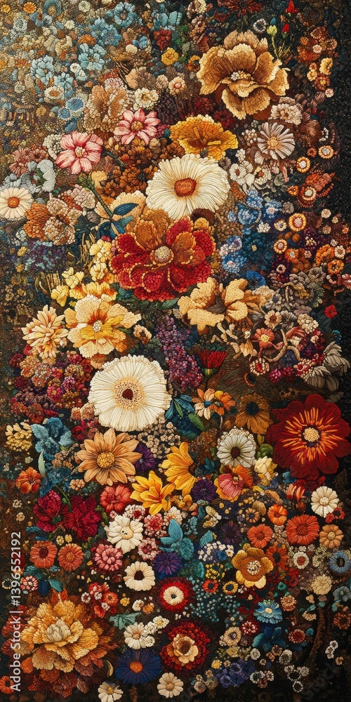 A dense arrangement of colorful flowers in various shades against a dark background. A dense arrangement of colorful flowers in various shades against a dark background.