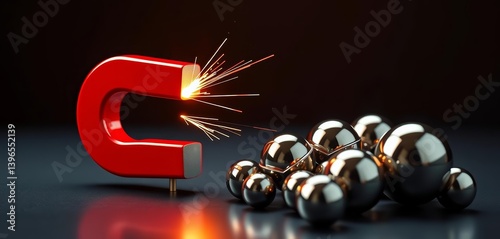 Plakat w ramie Powerful magnet pulling metallic spheres, symbolizing lead generation, objects, strong