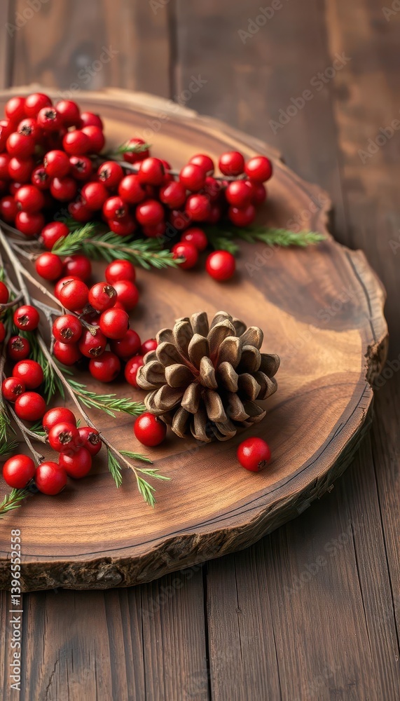 Rustic wooden platter holds a scattered arrangement of vibrant red berries and a pinecone, decoration, Thanksgiving, red Rustic wooden platter holds a scattered arrangement of vibrant red berries and a pinecone, decoration, Thanksgiving, red