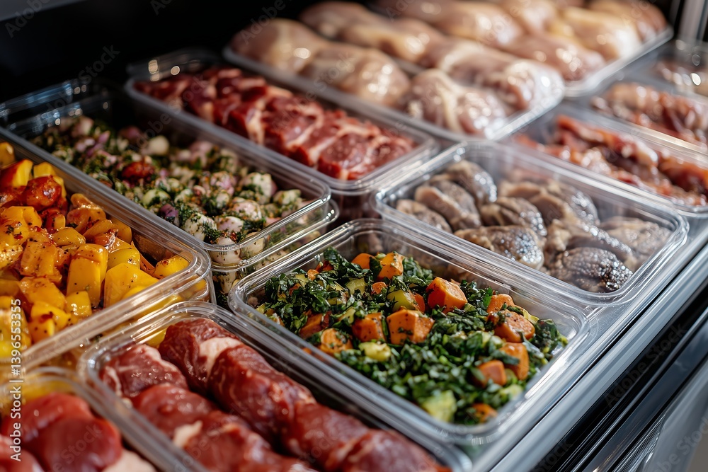 Assorted fresh meats and vegetables in display trays at a grocery store Assorted fresh meats and vegetables in display trays at a grocery store