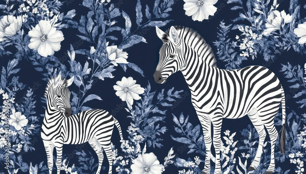 Fototapeta premium Elegant indigo zebras amidst a floral tapestry, evoking a sense of tranquil beauty